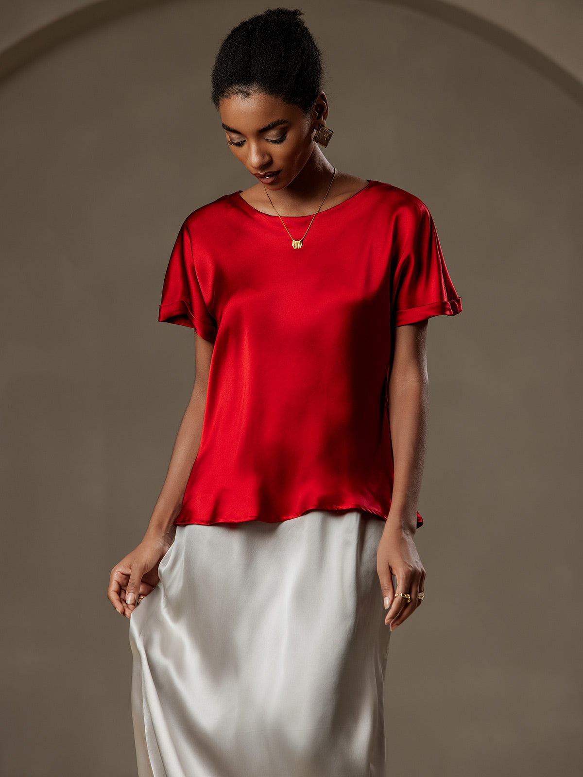 [Rotwein] SilkSilky-DE 19Momme Seide Womens T-Shirt 004