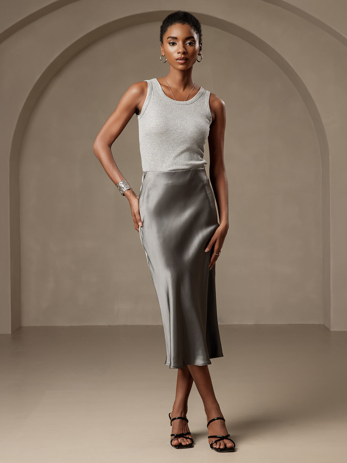 [Dunkelgrau] SilkSilky-DE 19Momme Reine Seide Skirt 003,