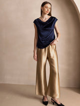 [Dunkelblau] SilkSilky-DE Cap Sleeve Cowl Neck T-Shirt 007