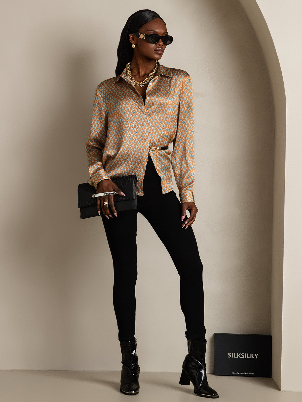 [Floral] SilkSilky-DE Seide Langärmelig Umlegekragen Damenhemd 008