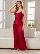 [Rotwein] SilkSilky-DE Spaghettiträger V Ausschnitt Camisole-Set 004