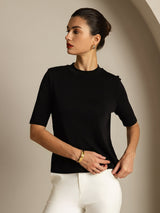 [Schwarz] SilkSilky-DE Half Sleeve Crew-Ausschnitt T-Shirt 005
