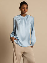 [Graublau] SilkSilky-DE 19Momme Langärmelig Rundhalsausschnitt Bluse 003