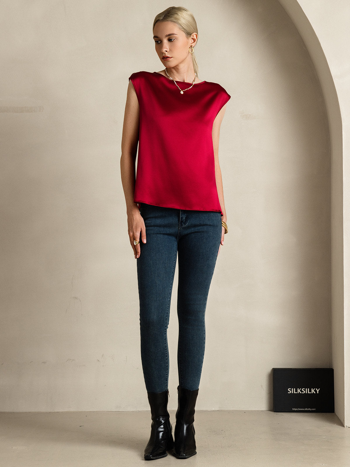 [Rotwein] SilkSilky-DE 19Momme Seide Womens T-Shirt 007