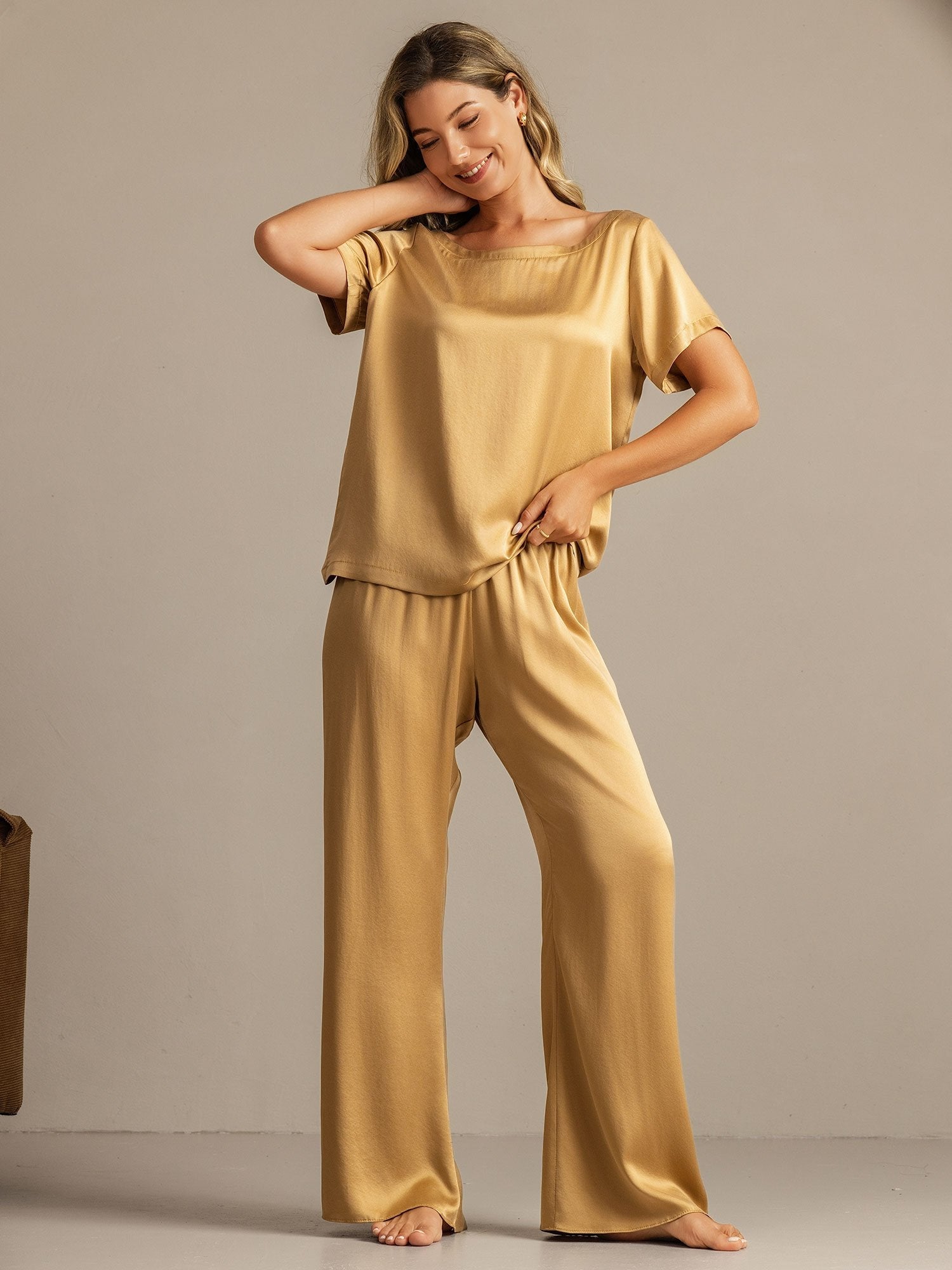[Tan] SilkSilky-DE 19Momme Seide Womens Pajamas 001