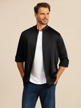 [Schwarz] SilkSilky-DE Long Sleeve Stand Collar Herrenhemd 003