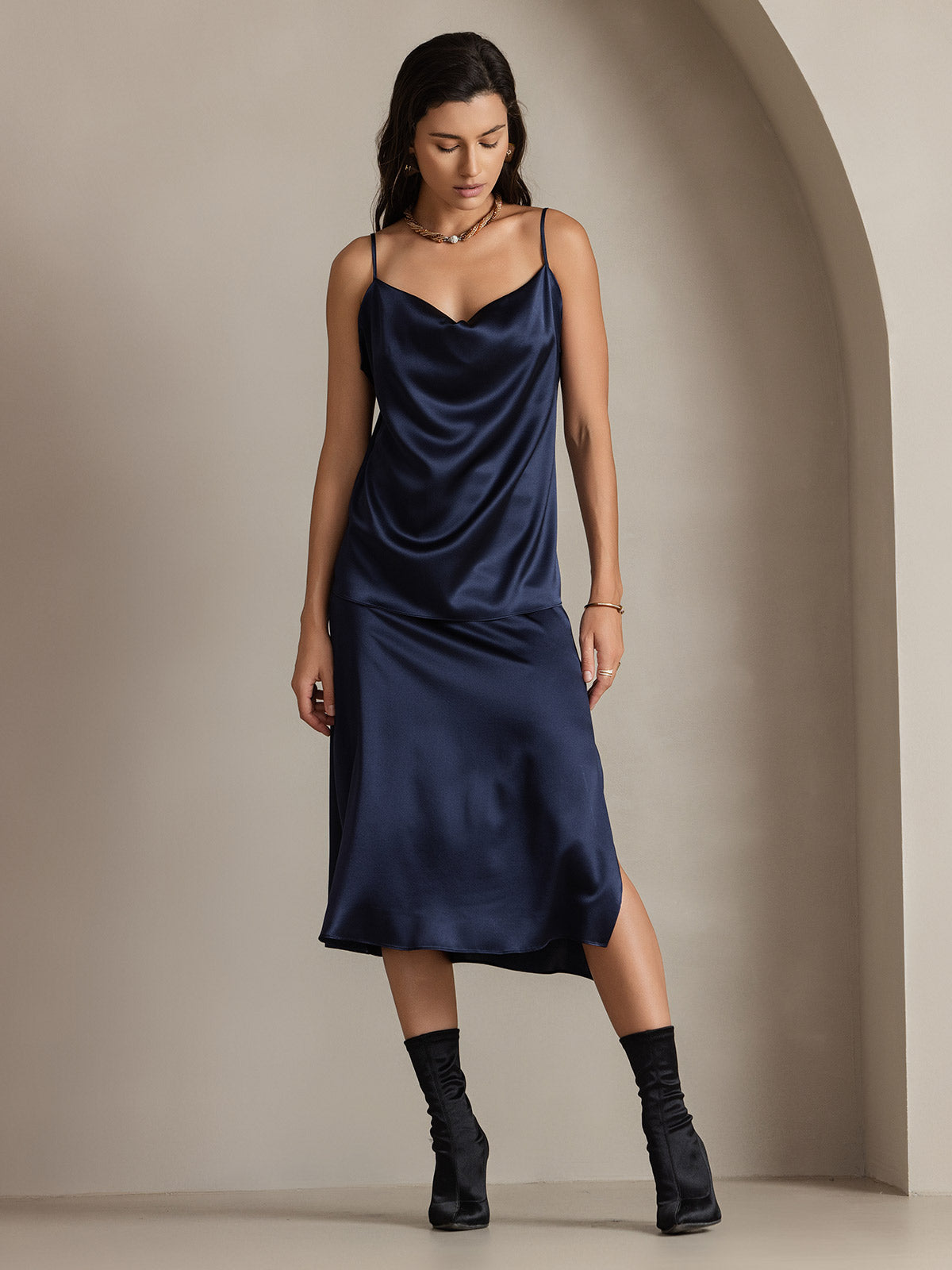 [Dunkelblau] SilkSilky-DE 19Momme Seide Skirt 006