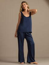 [Dunkelblau] SilkSilky-DE 19Momme Ärmellos Tiefer Rundhalsausschnitt Damen Pyjamas 003