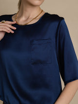 [Dunkelblau] SilkSilky-DE Halblange Ärmel Tiefer Rundhalsausschnitt T-Shirt 006