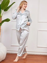 [Hellblau] SilkSilky-DE Langärmelig Damen Pyjamas Große Größen 006
