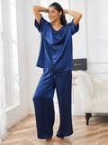 SilkSilky DE Reine Seide Kurzärmelig V Ausschnitt Damen Pyjamas Dunkelblau 003