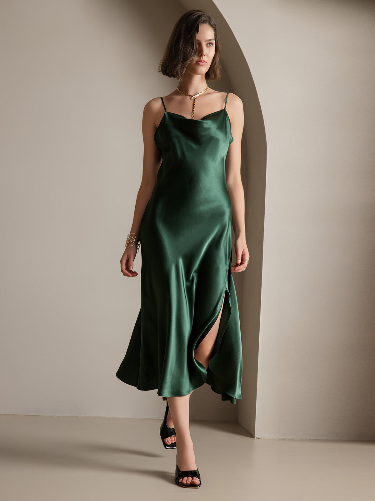 [Dunkelgrün] SilkSilky-DE 19Momme Reine Seide Dress 006