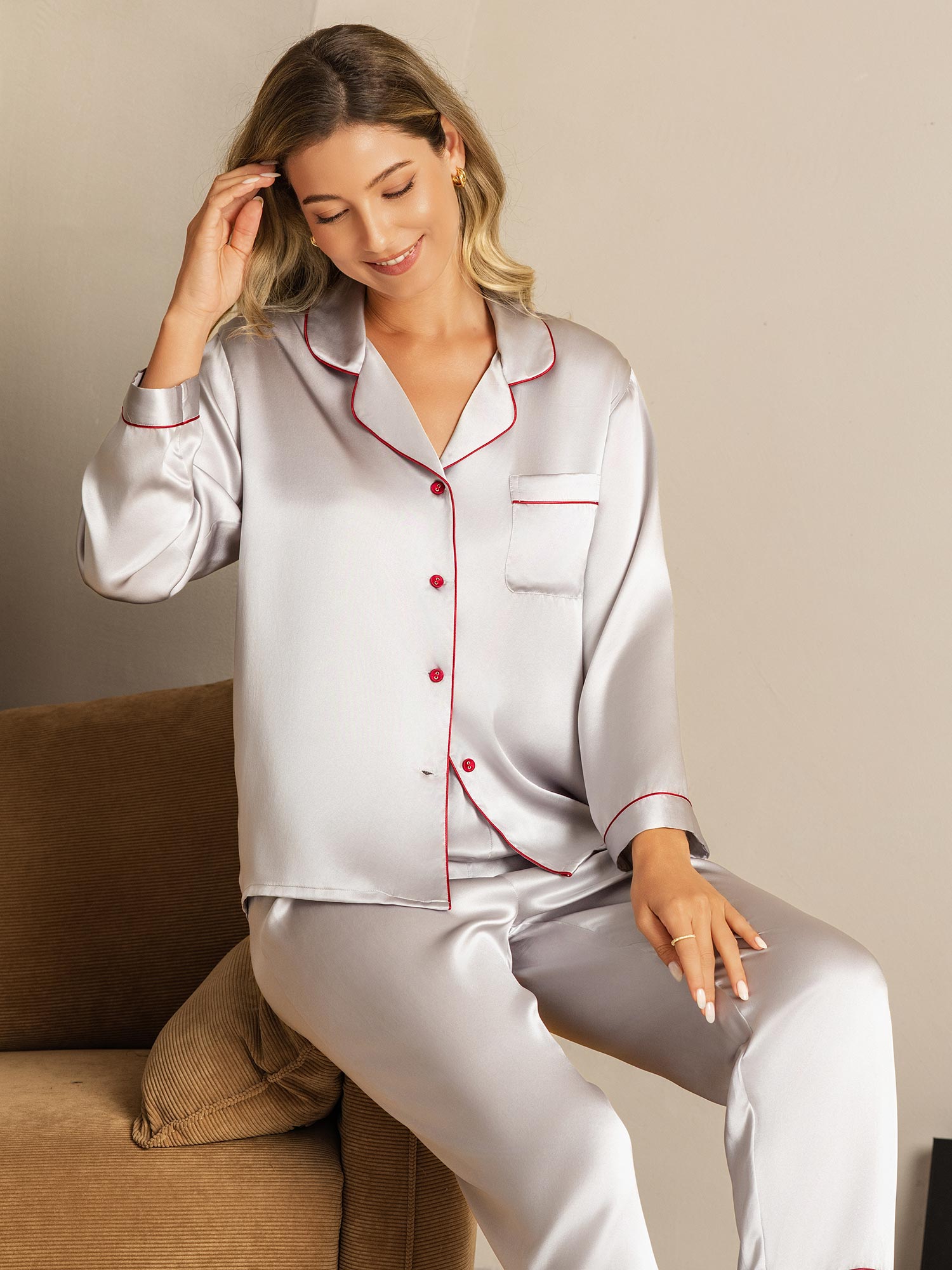 [Silber] SilkSilky-DE Reine Seide Womens Pajamas 007