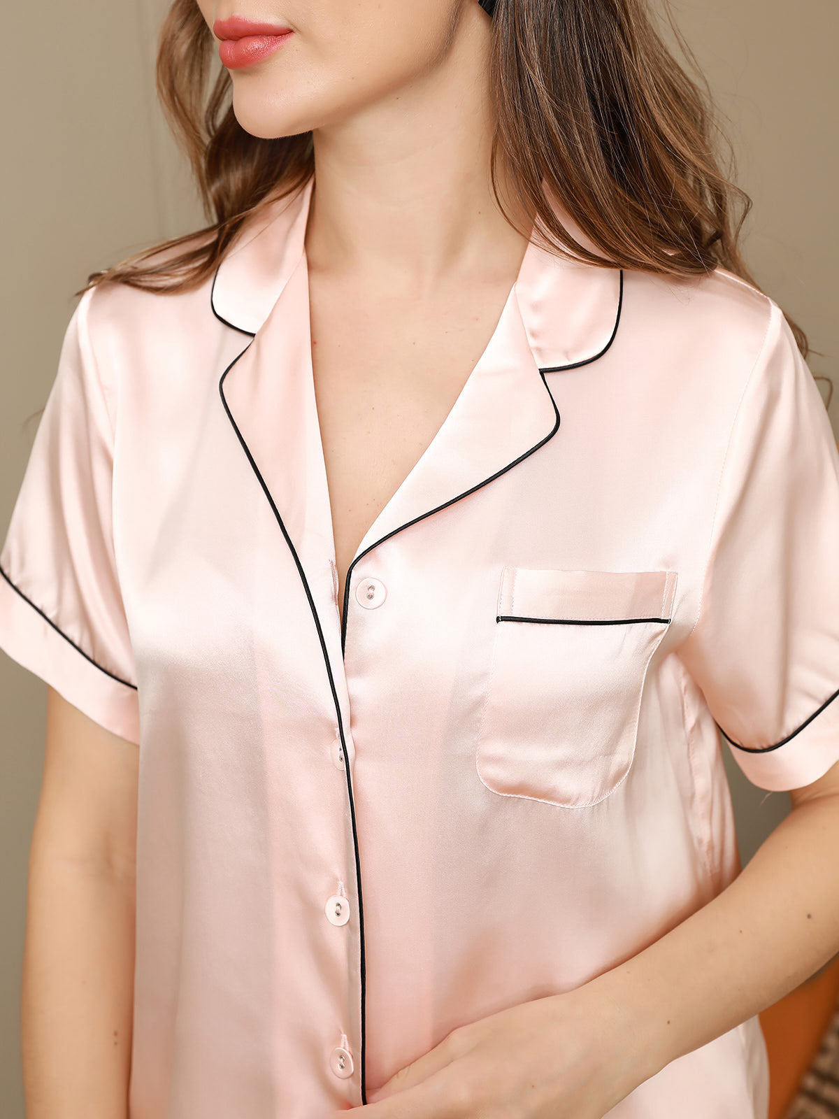 SilkSilky-DE Reine Seide Kurzärmelig Revers Damen Pyjamas Rosa 008