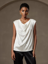 [Weiß] SilkSilky-DE Cap Sleeve Cowl Neck T-Shirt 001