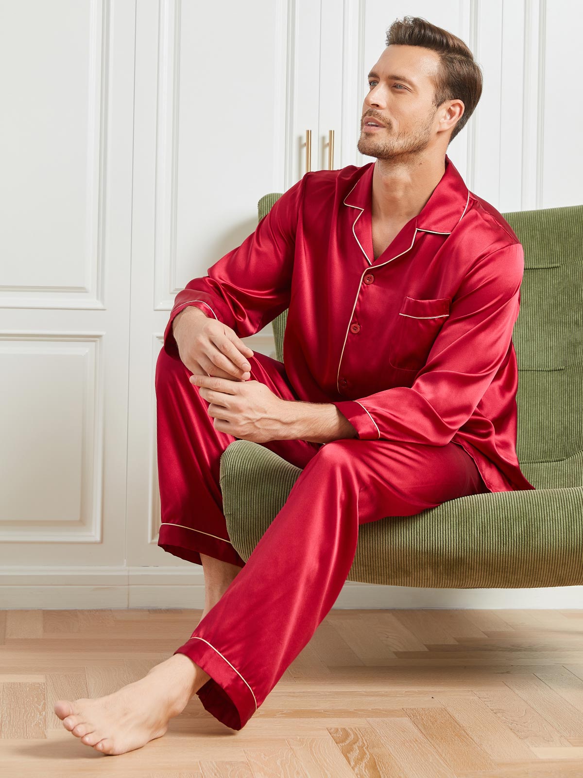 [Rot] SilkSilky-DE 19Momme Reine Seide Mens Pajamas 004
