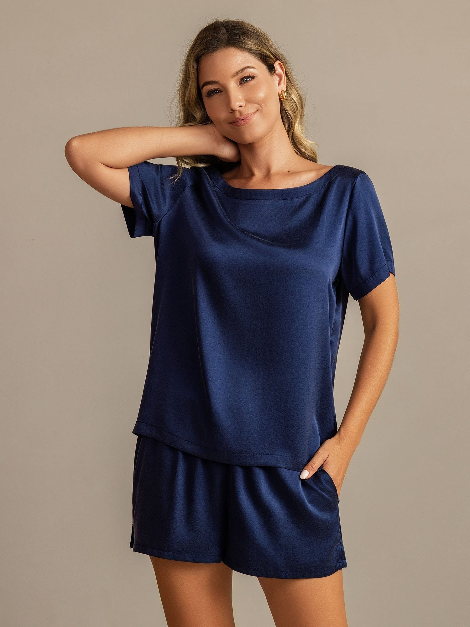 [Dunkelblau] SilkSilky-DE 19Momme Seide Womens Pajamas 003