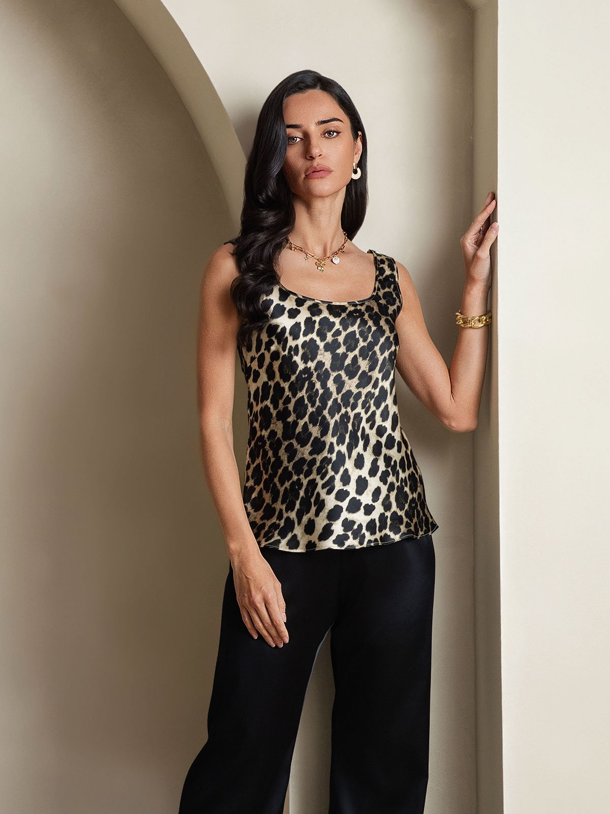 [Leopard] SilkSilky-DE 19Momme Seide U Ausschnitt Cami Top 005,