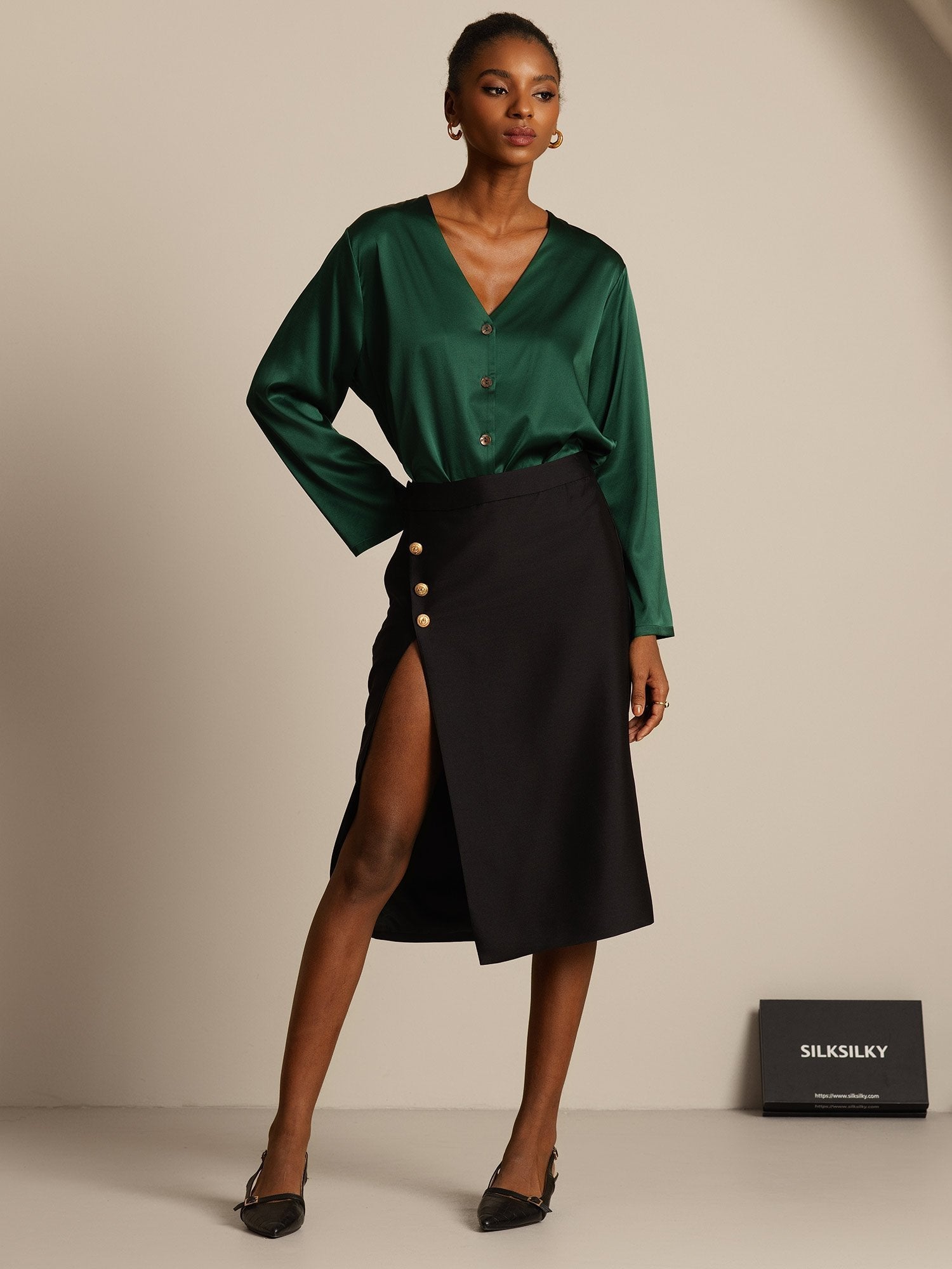 [Schwarz] SilkSilky-DE 32Momme Silk-Wool Blend Skirt 006,