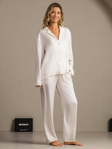 [Weiß] SilkSilky-DE 19Momme Langärmelig Notch-Kragen Damen Pyjamas 003
