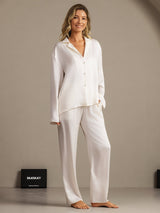 [Weiß] SilkSilky-DE 19Momme Langärmelig Notch-Kragen Damen Pyjamas 003