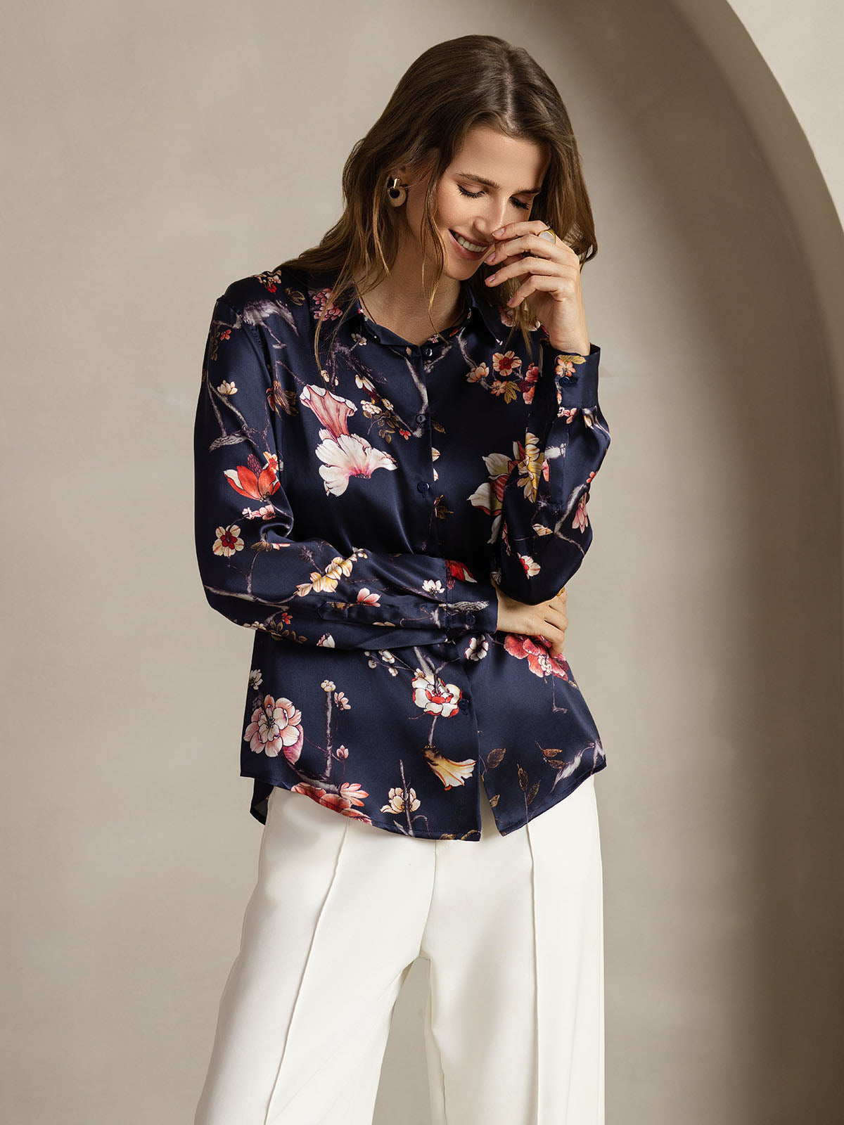 [Marine Blumen] SilkSilky-DE Seide Umlegekragen Damenhemd 005
