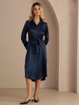 [Dunkelblau] SilkSilky-DE Long Sleeve Lapel Collar Kleider 006