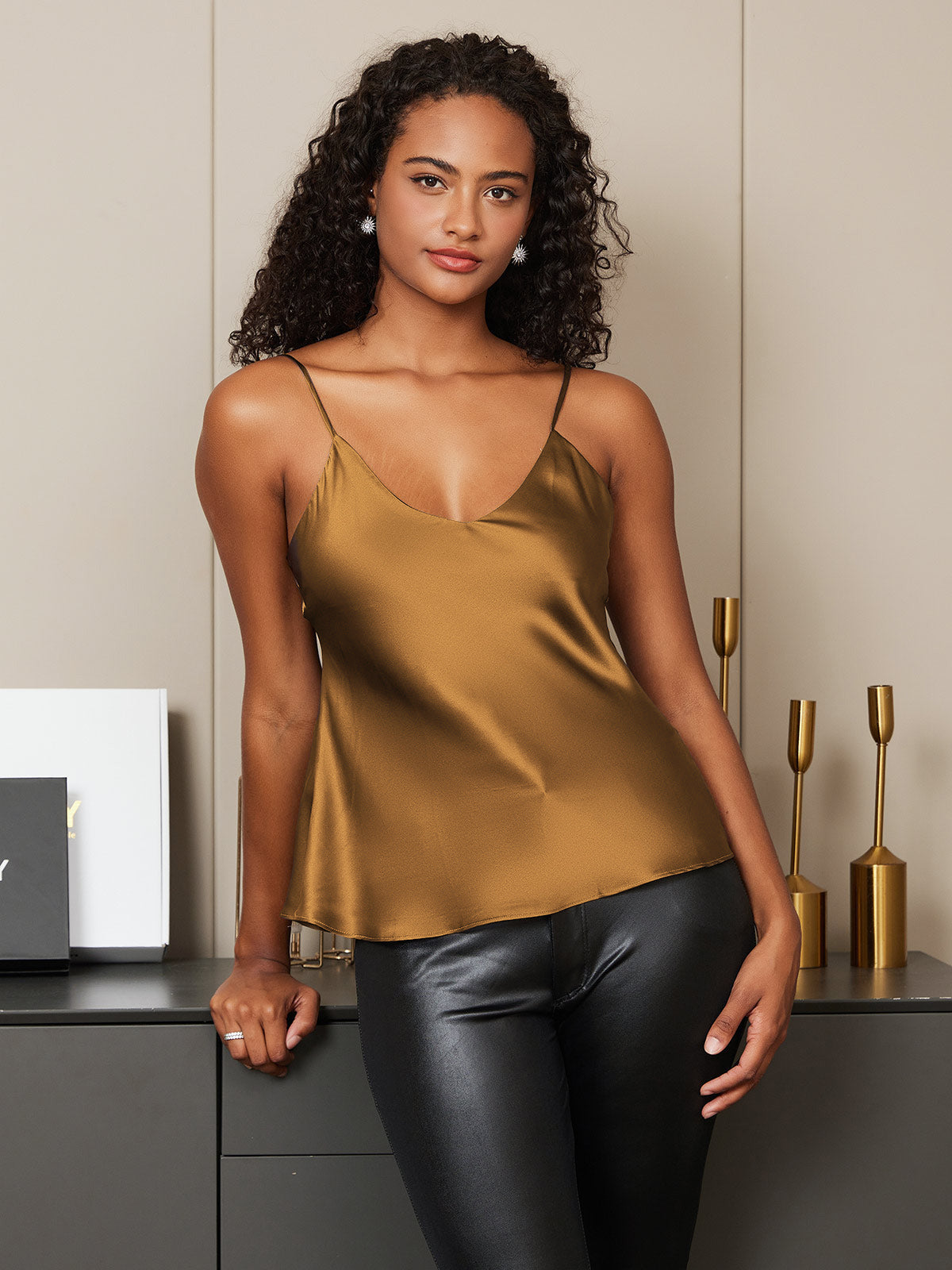 [Kaffee] SilkSilky-DE Reine Seide V Ausschnitt Cami Top 005