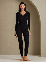 [Schwarz] SilkSilky-DE Long Sleeve V Neck Damen Lange Unterwäsche 001