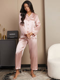 SilkSilky-DE Reine Seide Langärmelig Revers Damen Pyjamas Rosa 004