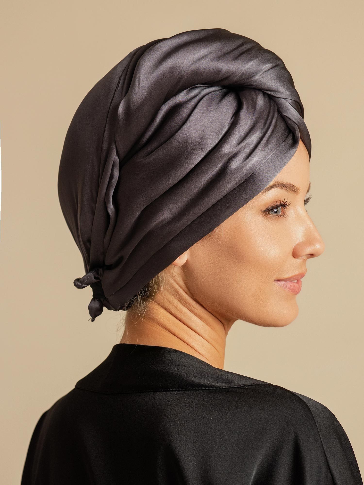 [Dunkelgrau] SilkSilky-DE Reine Seide Hair Towel Wrap 004,