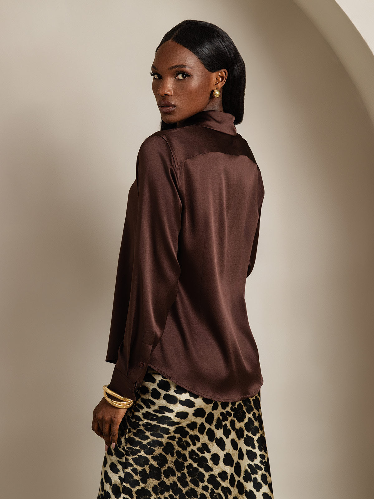 [Dunkle Schokolade] SilkSilky-DE Seide Langärmelig Umlegekragen Damenhemd 002