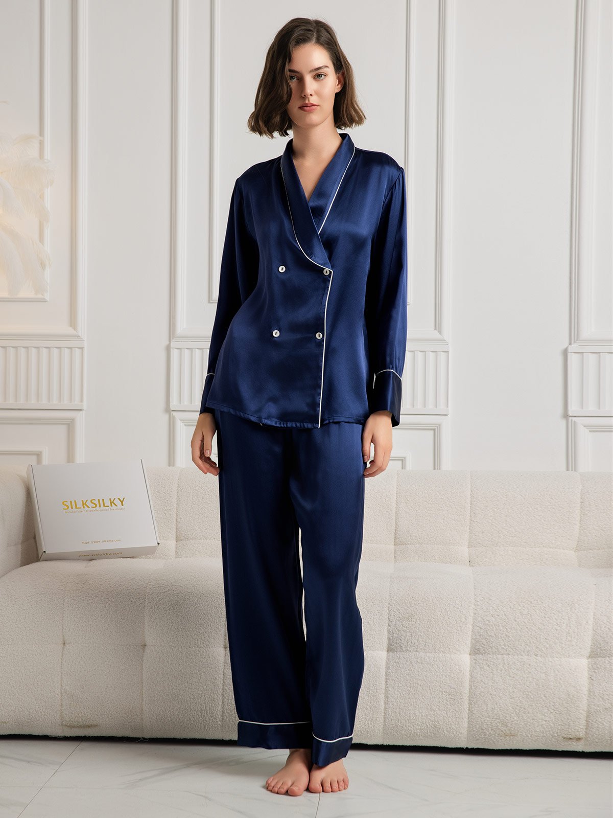 [Dunkelblau] SilkSilky-DE Reine Seide Langärmelig V Ausschnitt Damen Pyjamas 001