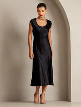 [Schwarz] SilkSilky-DE Cap Sleeve Tiefer Rundhalsausschnitt Kleider 007