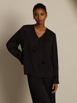 [Schwarz] SilkSilky-DE Long Sleeve V Neck Damenblusen 003