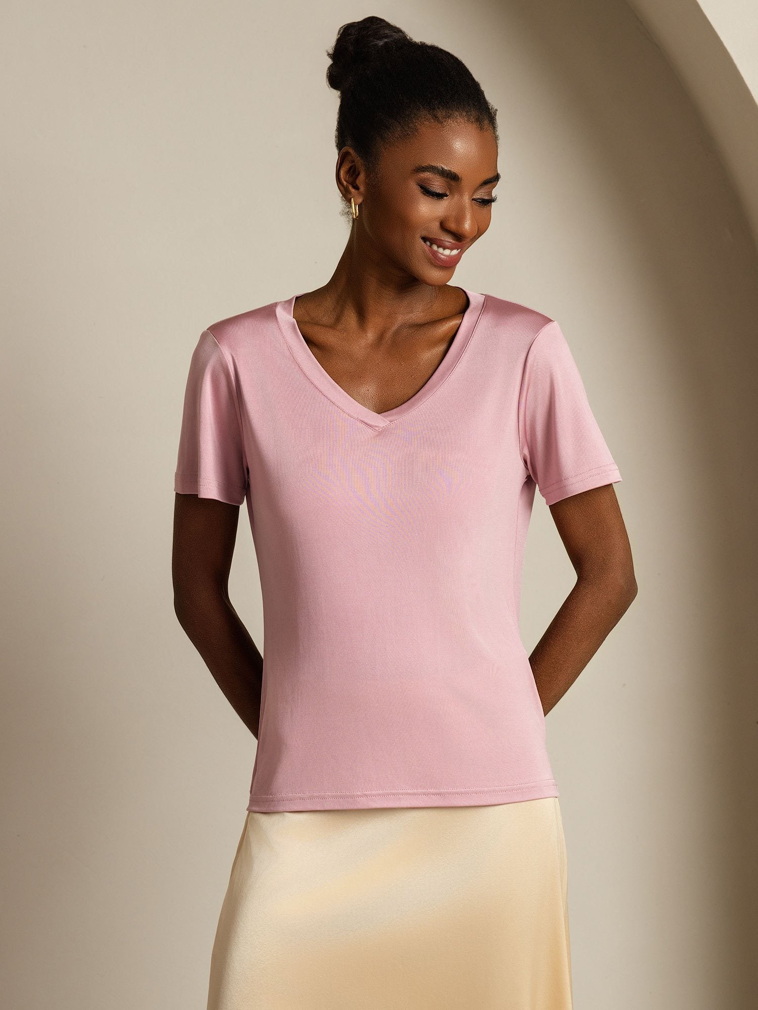 [BlassesMauve] SilkSilky-DE Reine Seide V Ausschnitt T-Shirt 003