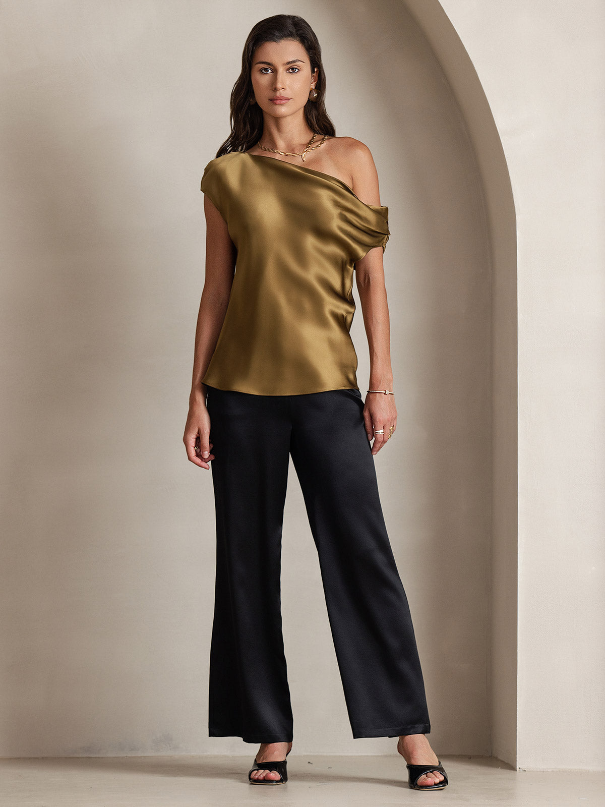 [Braun] SilkSilky-DE 19Momme Seide Womens T-Shirt 006