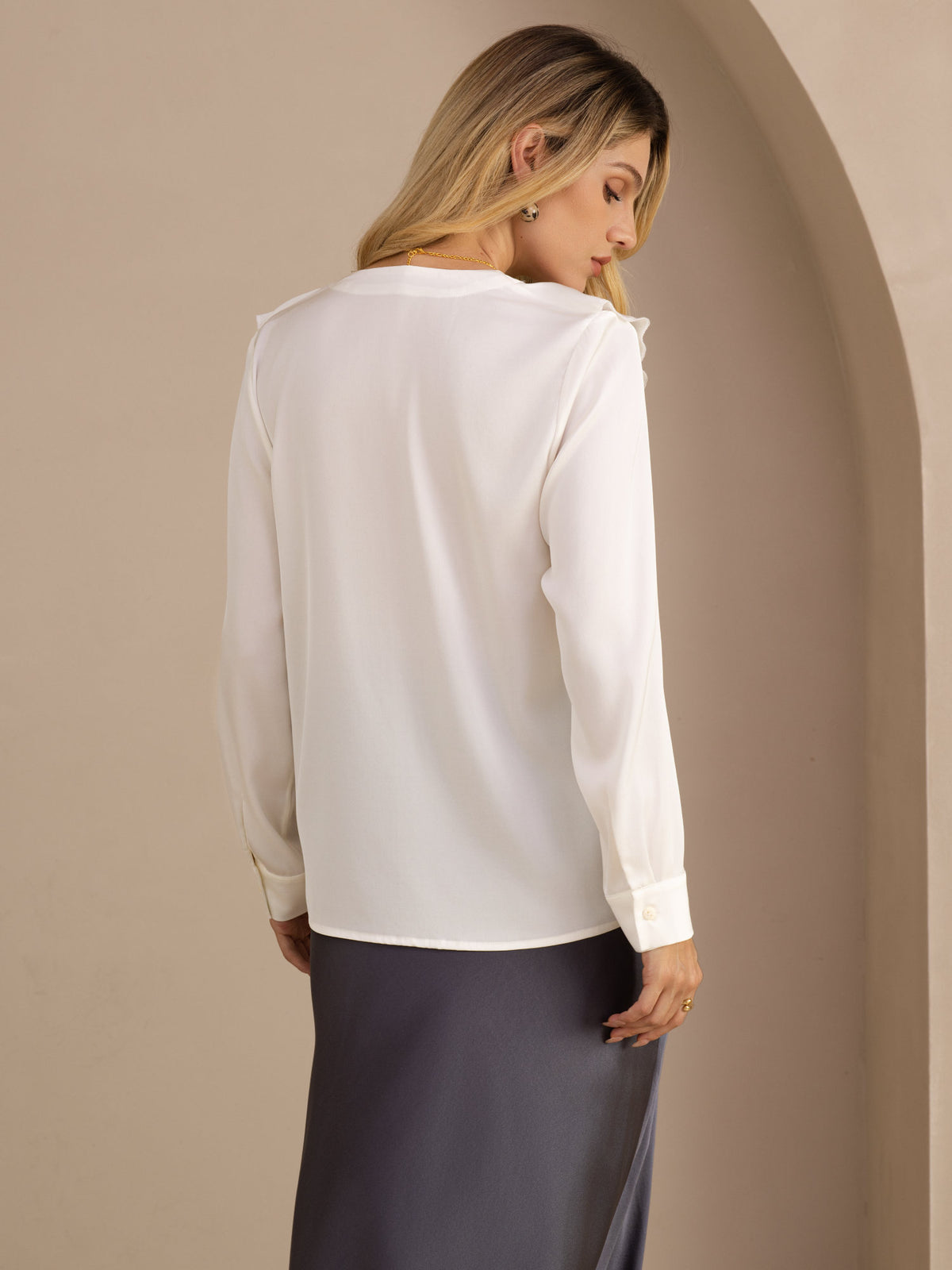 [Weiß] SilkSilky-DE Long Sleeve Deep V Neck Damenblusen 002
