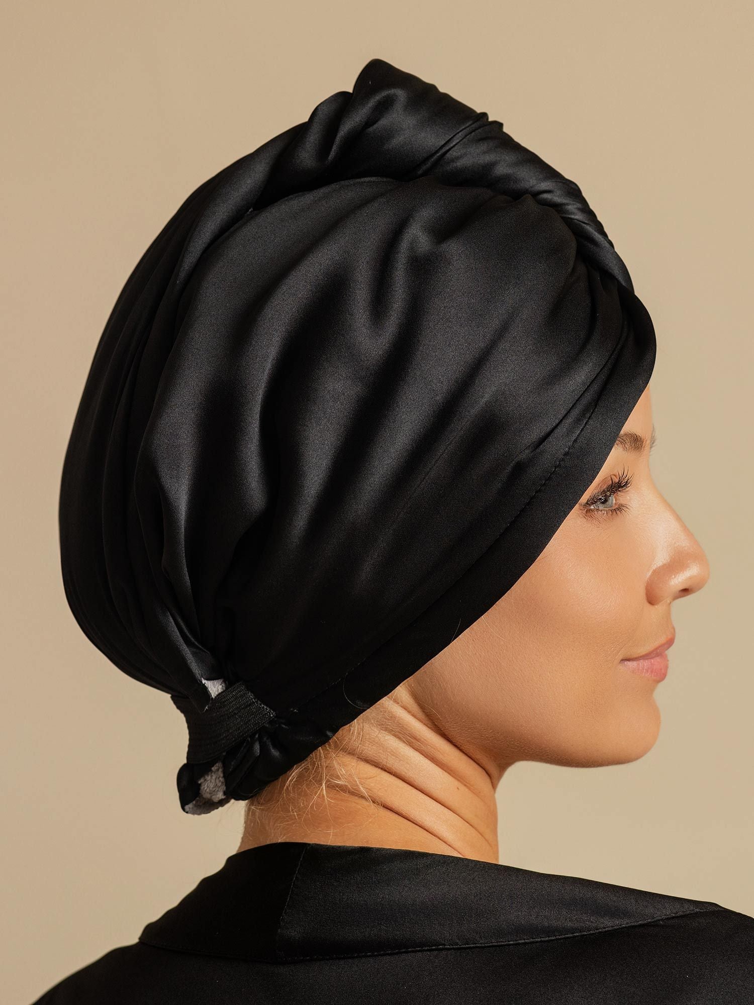 [Schwarz] SilkSilky-DE Reine Seide Hair Towel Wrap 002,