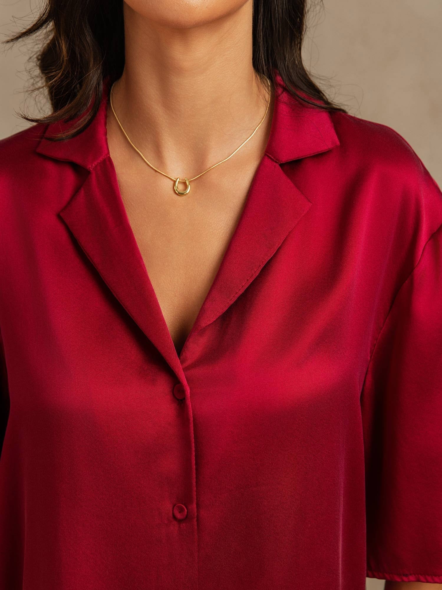 [Rotwein] SilkSilky-DE 19Momme Reine Seide Halblange Ärmel Umlegekragen Damen Pyjamas 004