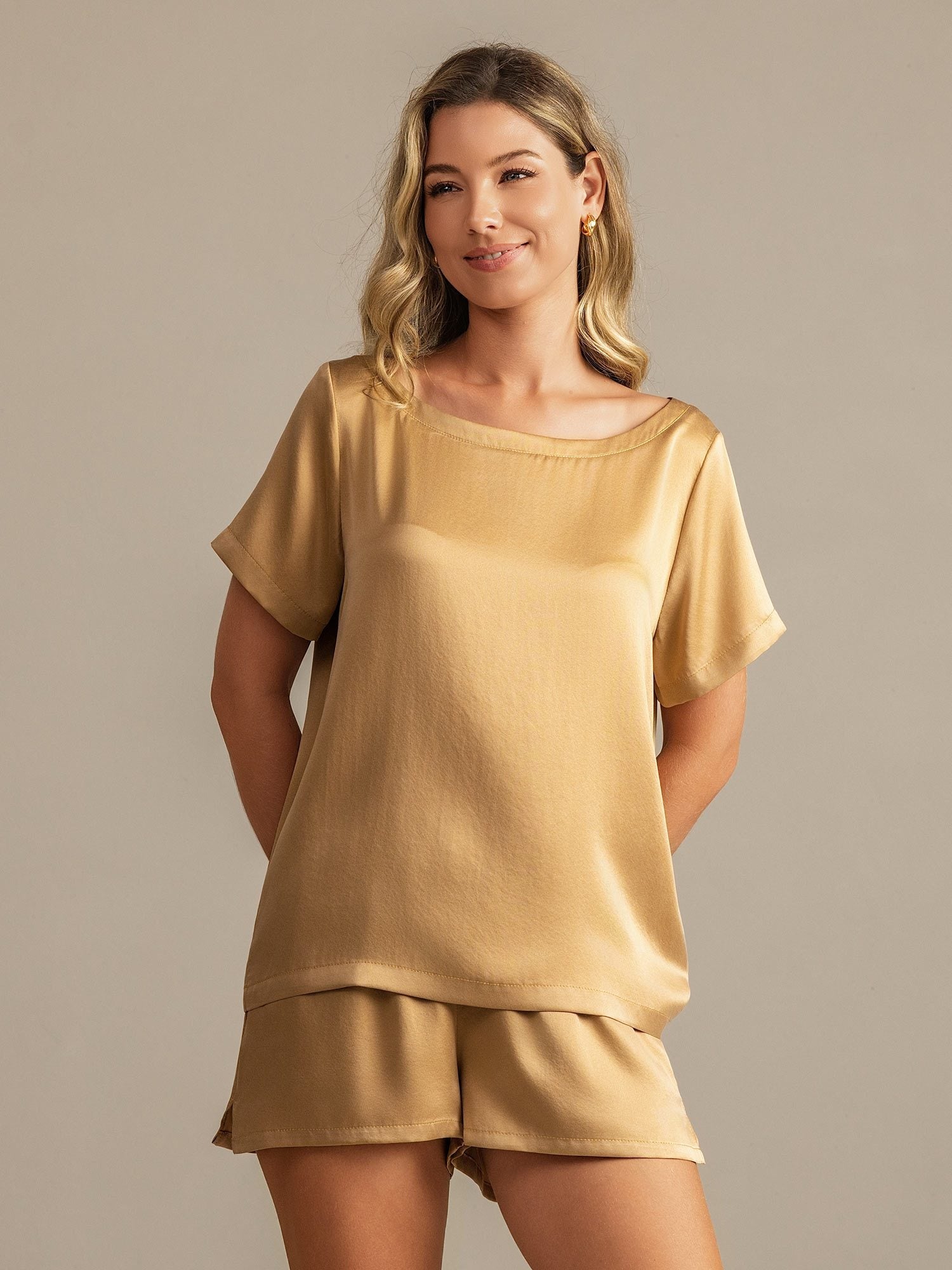 [Tan] SilkSilky-DE 19Momme Seide Womens Pajamas 007