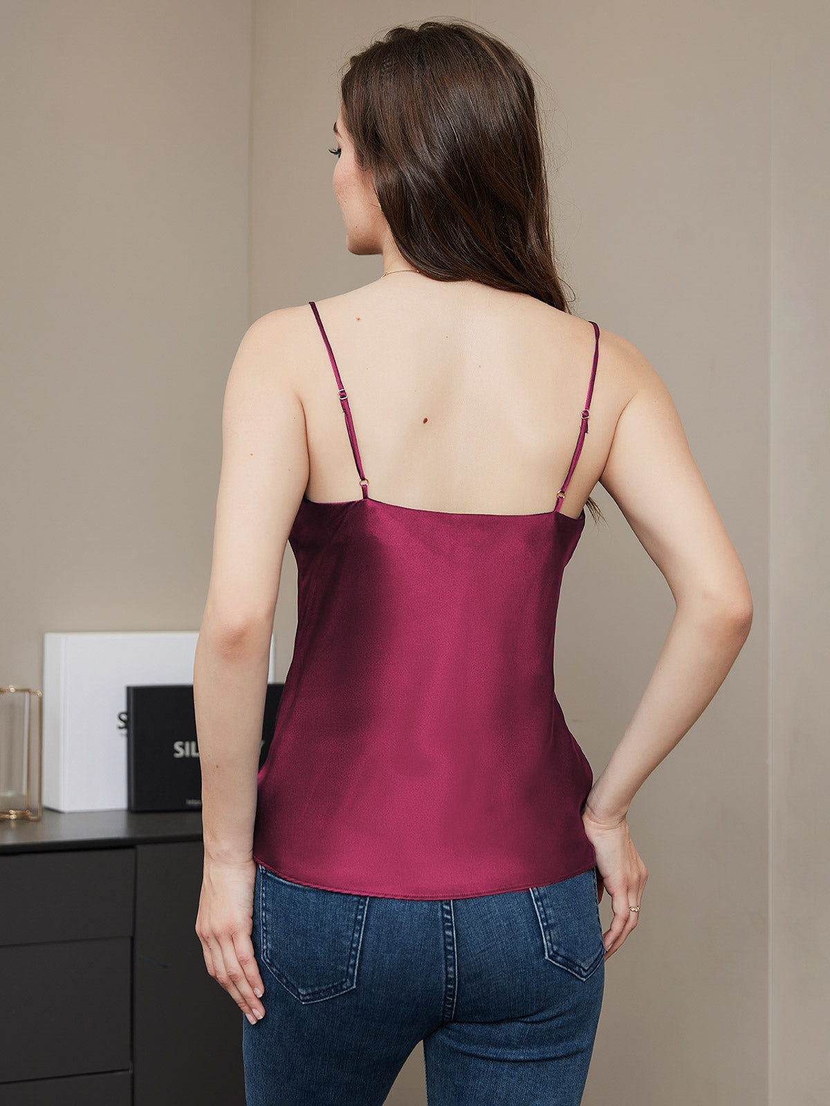 [Fuchsie] SilkSilky-DE Reine Seide V Ausschnitt Cami Top 002