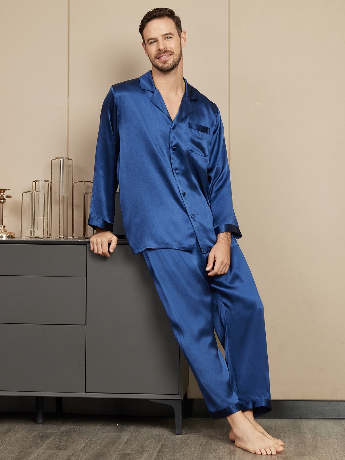 [Dunkelblau] SilkSilky-DE Reine Seide Mens Pajamas 004