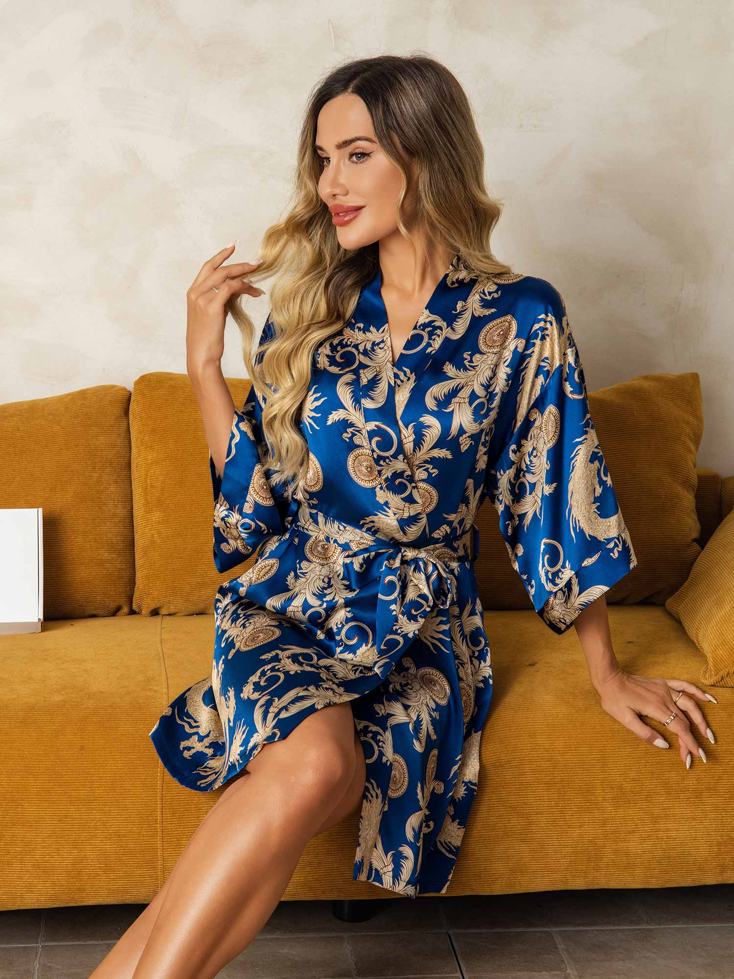 [Navy Drache] SilkSilky-DE Reine Seide V Ausschnitt Damen Morgenmantel 004