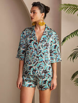 [Teal Botanisch] SilkSilky-DE Short Sleeve Notch Collar Damen Pyjamas 003