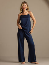 [Dunkelblau] SilkSilky-DE 19Momme Spaghettiträger Tiefer Rundhalsausschnitt Camisole-Set 004