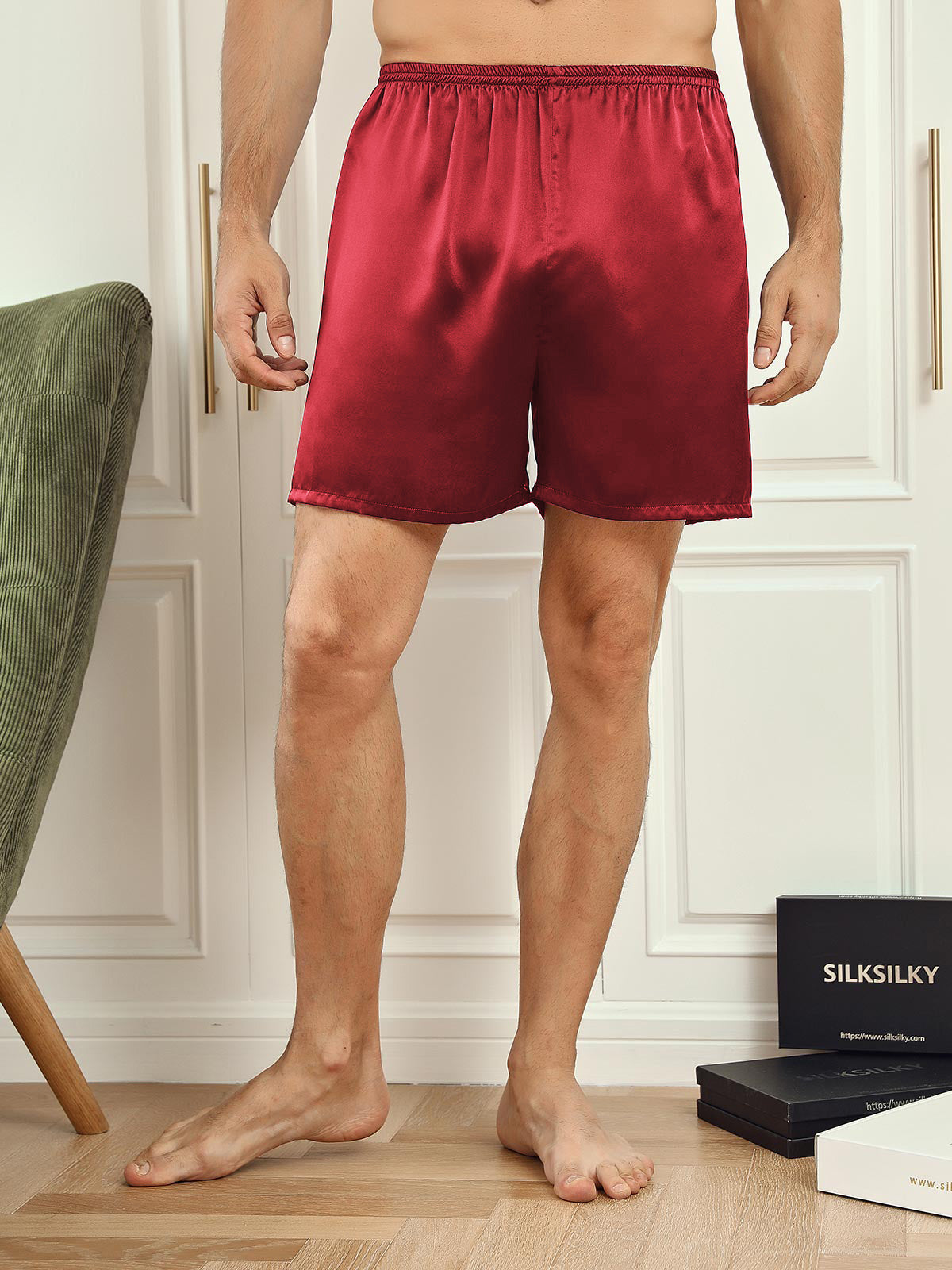 [Rotwein] SilkSilky-DE 19Momme Mens Sleep Bottoms 001