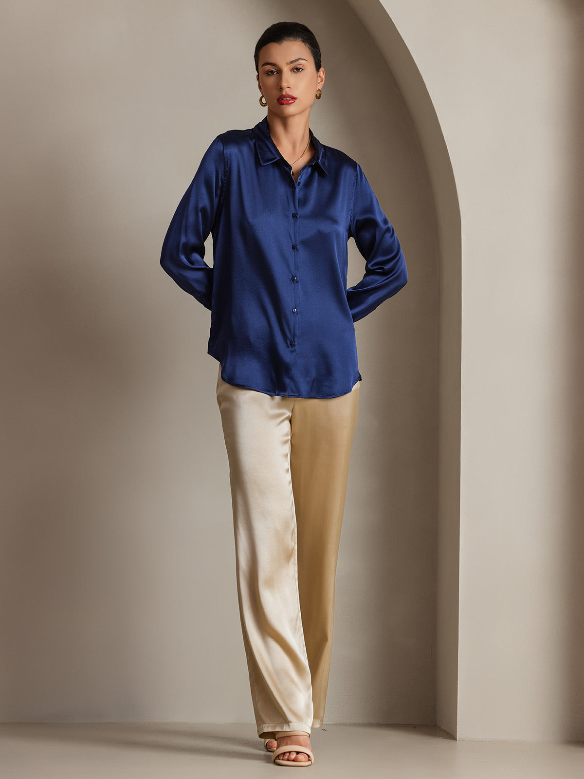 [Dunkelblau] SilkSilky-DE Seide Langärmelig Umlegekragen Damenhemd 004