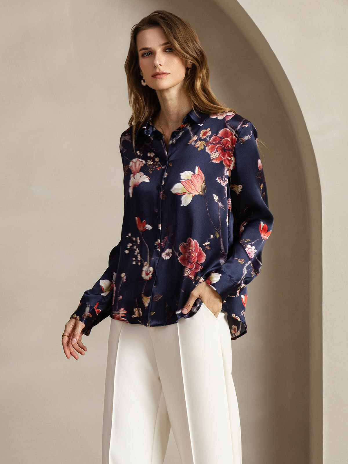 [Marine Blumen] SilkSilky-DE Seide Umlegekragen Damenhemd 004