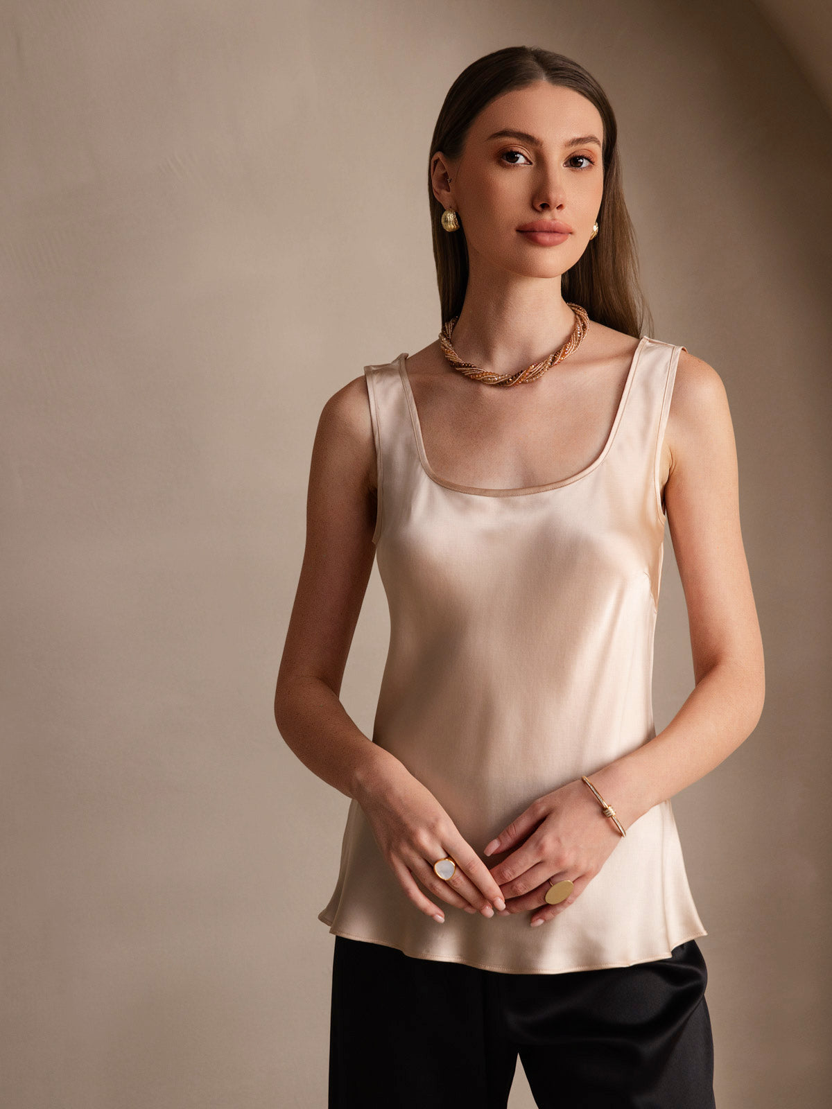 [Champagner] SilkSilky-DE 19Momme Seide U Ausschnitt Cami Top 004